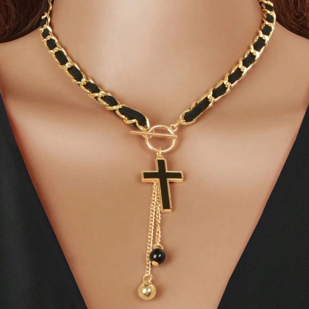 3for$20 1pc Stylish Cross Charm And Ball Pendant Tassel Braided Long Necklace